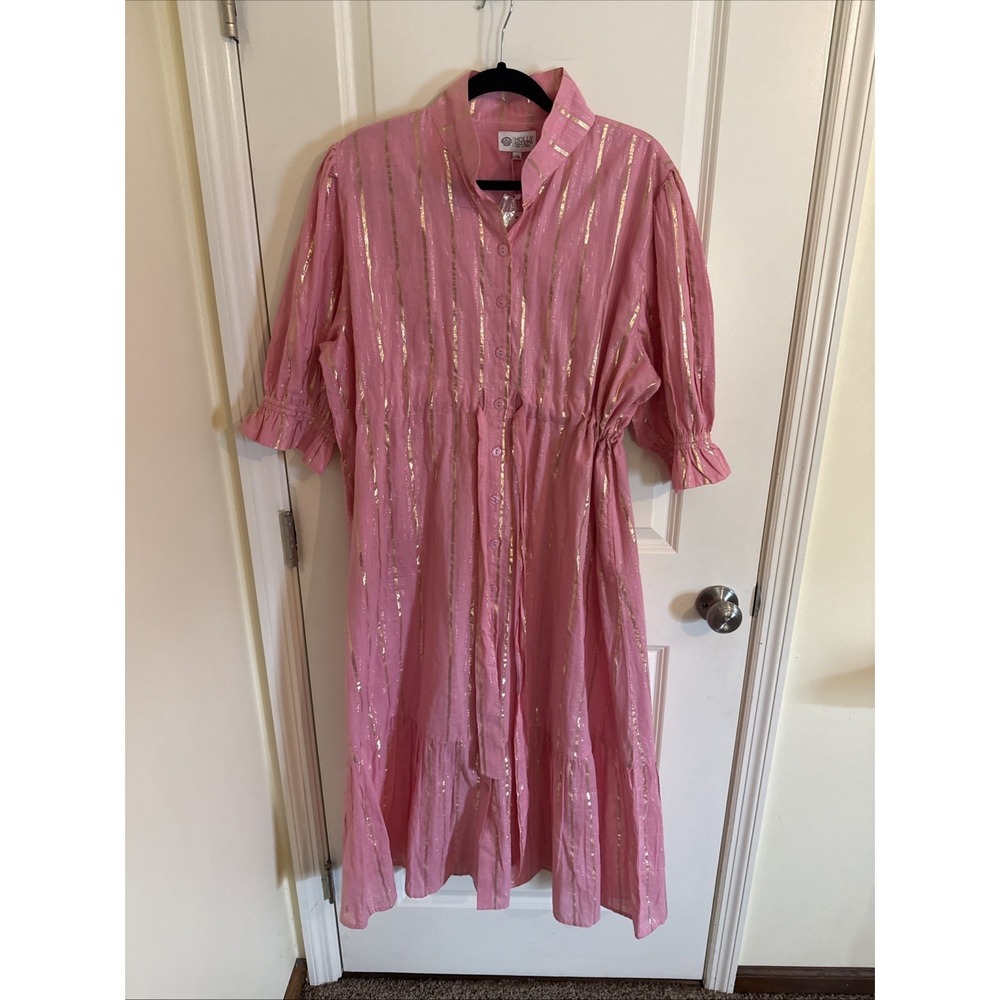 Holly Shae Design Catherine Pink & Gold Button Front Belted Dress L/XL NWT
